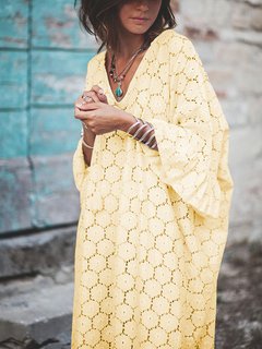 Beach V-neck Solid Color Lace Polyester Casual Dresses (Style V100004)