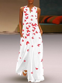 Bohemian Shift Notched Printed Cotton Maxi Dresses (Style V100016)