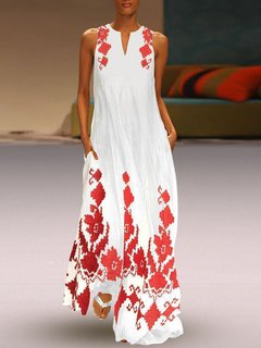 Bohemian Notched Printed Pattern Cotton Maxi Dresses (Style V100018)