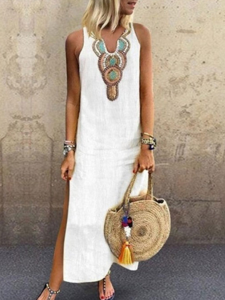 White Bohemian Straight Notched Printed Polyester Maxi Dresses (Style ...