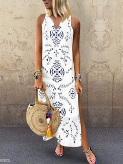Straight Notched Printed Pattern Polyester Maxi Dresses (Style V100020)