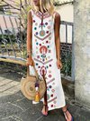 Bohemian Straight Notched Printed Pattern Maxi Dresses (Style V100021)