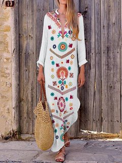 Beach Deep V Neck Printed Pattern Polyester Maxi Dresses (Style V100022)