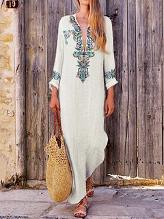Beach Straight Deep V Neck Pattern Cotton Blends Maxi Dresses (Style V100024)