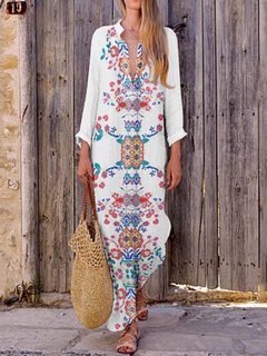 Straight Deep V Neck Printed Pattern Linen Maxi Dresses (Style V100025)