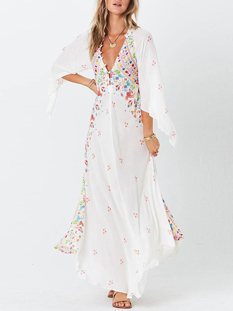 White Beach Flowy Deep V Neck Ditsy Floral Polyester Maxi Dresses (Style V100028) - VEDACHIC