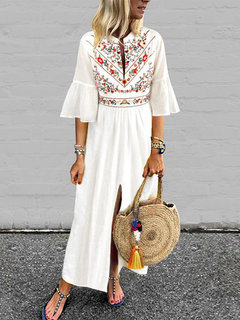 Shift Notched Printed Pattern Polyester Maxi Dresses (Style V100029)