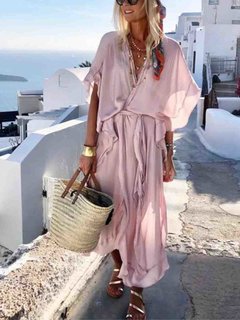 Beach Wrap Deep V Neck Solid Color Polyester Maxi Dresses (Style V100034)