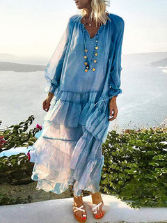 Shift V-neck Solid Color Ruffle Polyester Maxi Dresses (Style V100037)