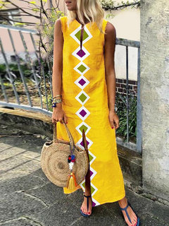 Bohemian Straight Notched Argyle Polyester Maxi Dresses (Style V100042)