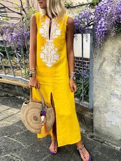 Bohemian Straight Floral Pattern Linen Maxi Dresses (Style V100043)