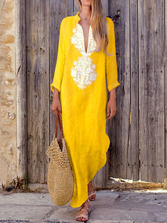 Beach Straight Deep V Neck Pattern Linen Maxi Dresses (Style V100045)