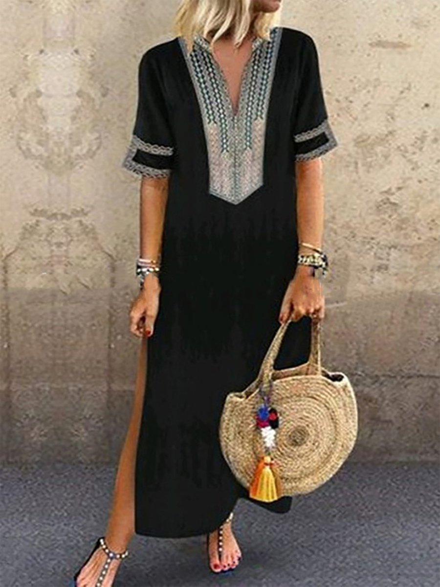 Black Bohemian Straight V-neck Solid Color Polyester Maxi Dresses ...