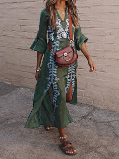 Beach Shift V-neck Pattern Polyester Maxi Dresses (Style V100052)