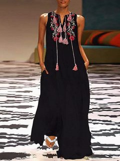 Bohemian Shift Notched Printed Pattern Maxi Dresses (Style V100053)