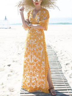 Sexy Shift V-neck Pattern Guipure Maxi Dresses (Style V100056)