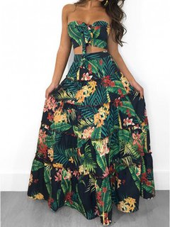 Beach Tube Strapless Plants Dacron Maxi Dresses (Style V100059)