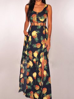 A-line Scoop Neck Fruit&Vegetable Pattern Dacron Maxi Dresses (Style V100060)