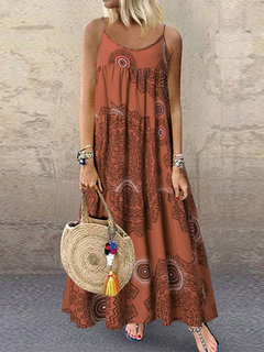 Beach Spaghetti Strap Printed Ruffle Cotton Casual Dresses (Style V100064)