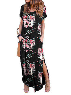 Beach V-neck Printed Pattern Polyester Maxi Dresses (Style V100065)