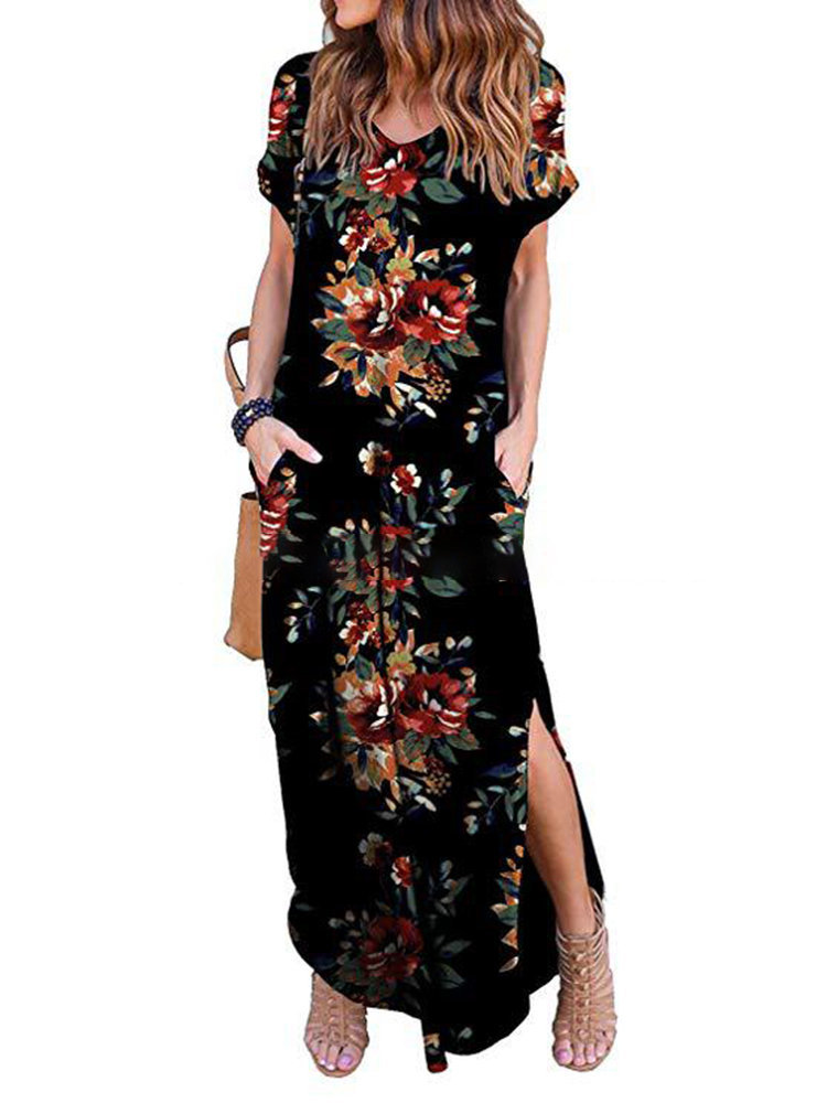 Black Beach V-neck Printed Pattern Polyester Maxi Dresses (Style ...
