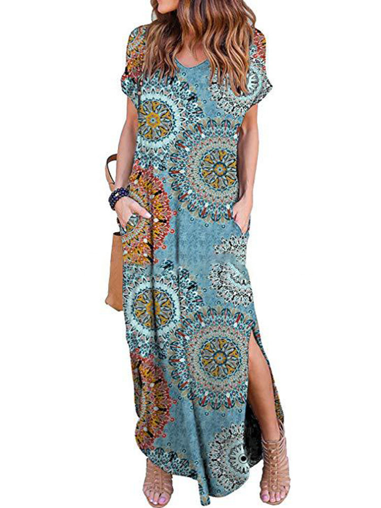 Blue Beach V-neck Printed Pattern Polyester Maxi Dresses (Style V100065 ...
