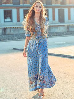A-line V-neck Printed Button Dacron Maxi Dresses (Style V100070)