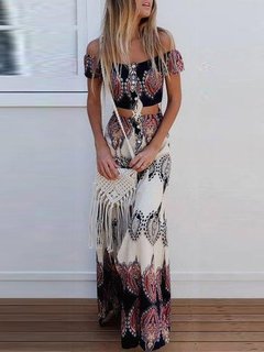 Beach A-line Off The Shoulder Printed Polyester Maxi Dresses (Style V100077)