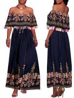 Beach A-line Off The Shoulder Printed Cotton Maxi Dresses (Style V100079)