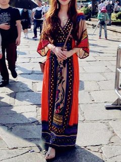 Shift V-neck Printed Pattern Chiffon Maxi Dresses (Style V100080)