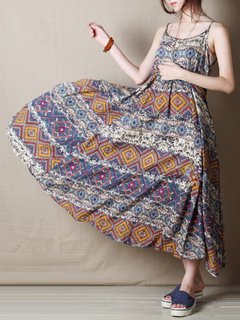 Beach Spaghetti Strap Printed Pattern Linen Casual Dresses (Style V100086)