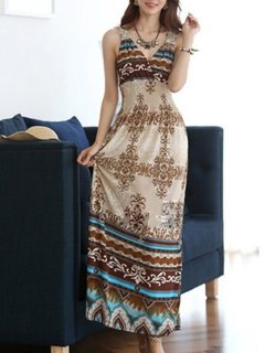 Beach A-line V-neck Pattern Polyester Maxi Dresses (Style V100088)