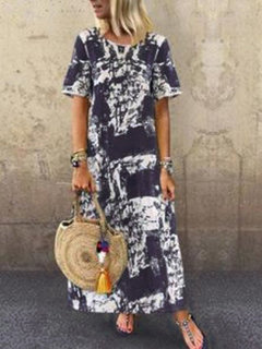 Beach Straight Round Neck Pattern Cotton Blends Maxi Dresses (Style V100096)