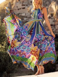 Beach Flowy Round Neck Printed Pattern Maxi Dresses (Style V100101)