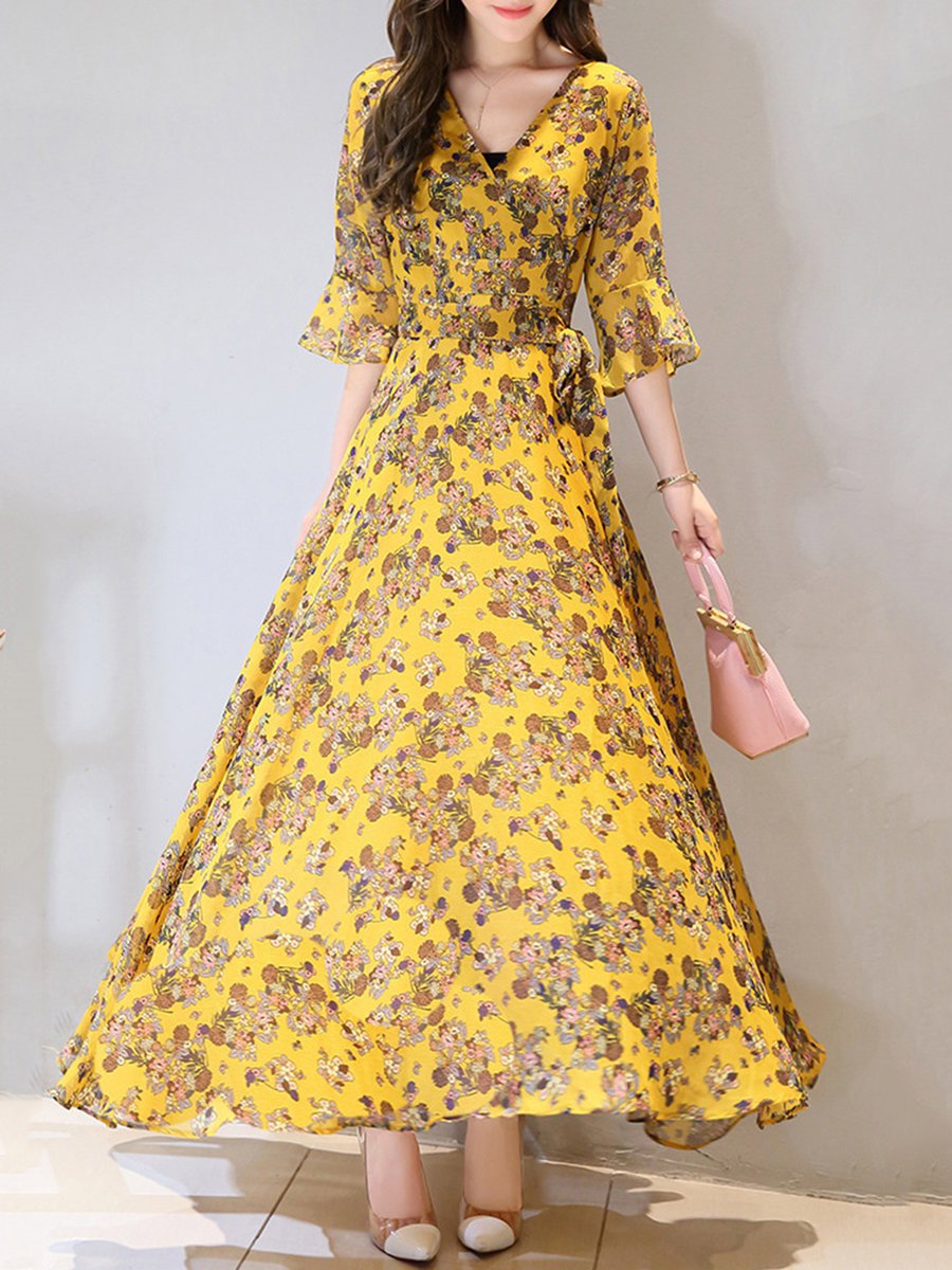 Yellow Flowy V-neck Floral Pattern Polyester Maxi Dresses (Style ...