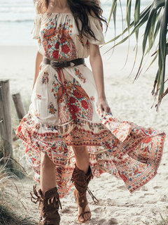 Beach Flowy Off The Shoulder Pattern Polyester Maxi Dresses (Style V100106)