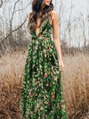A-line Deep V Neck Floral Pattern Polyester Maxi Dresses (Style V100115)