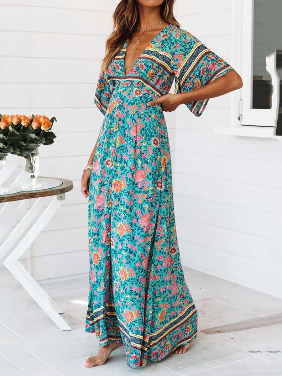 Print Sexy Deep V Neck Floral Pattern Polyester Maxi Dresses (Style ...