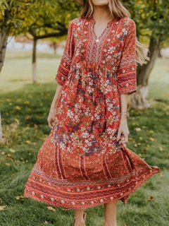 Bohemian Tunic V-neck Pattern Polyester Maxi Dresses (Style V100123)