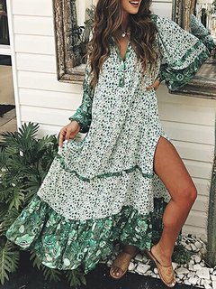 A-line V-neck Printed Pattern Polyester Maxi Dresses (Style V100126)