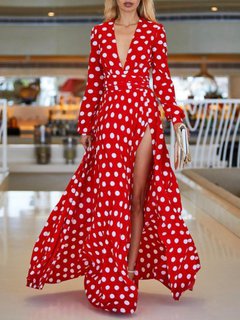 Flowy Deep V Neck Polka Dot Pattern Dacron Maxi Dresses (Style V100132)