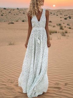 Flowy Deep V Neck Polka Dot Pattern Polyester Maxi Dresses (Style V100135)