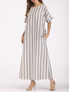 Shift Boat Neck Striped Pattern Linen Casual Dresses (Style V100139)