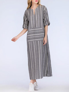 Casual Shift Notched Pattern Linen Casual Dresses (Style V100140)