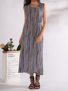 Casual Round Neck Rainbow Stripe Pattern Dacron Casual Dresses (Style V100141)