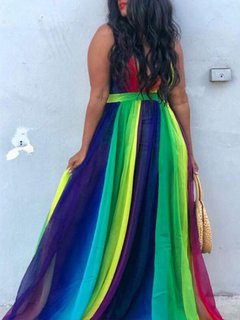 Sexy A-line Halter Pattern Polyester Maxi Dresses (Style V100142)