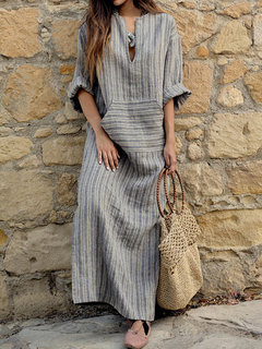 Bohemian Shift Striped Pattern Linen Maxi Dresses (Style V100143)