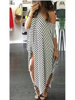 Sexy Asymmetrical One Shoulder Striped Pattern Maxi Dresses (Style V100144)
