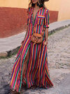 Bohemian Shirt Shawl Collar Striped Pattern Maxi Dresses (Style V100145)