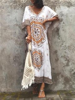 Shift V-neck Printed Pattern Polyester Maxi Dresses (Style V100149)